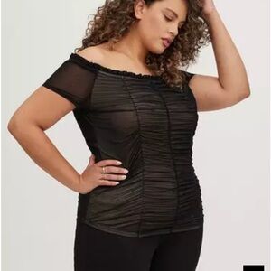 Ruched Off-Shoulder Top - Mesh Black